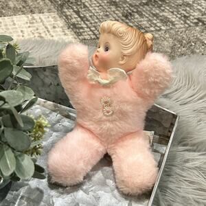 Vintage Bantam Rubber Face Snow Bunny Rabbit Baby Doll Stuffed Animal Pink Plush